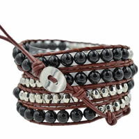 Wrap Bracelets, Cowhide, with Black Agate & Brass, stainless steel clasp, platinum color plated, natural & adjustable & , 6mm Approx 33.5-37 Inch 