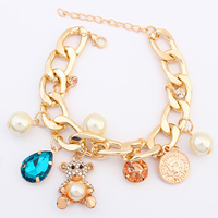 Zinc Alloy Crystal Bracelets, with Crystal & Plastic Pearl, with 1.5Inch extender chain, gold color plated, charm bracelet & curb chain & faceted & with rhinestone, 30mm Approx 9 Inch 