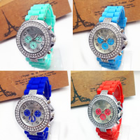 Unisex Wrist Watch, Zinc Alloy, with Glass & Silicone, Chinese movement, platinum color plated, adjustable & with rhinestone 20mm Approx 9.5 Inch 