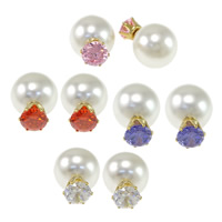 Double Faced Stud Earring, Stainless Steel, with Resin Pearl, plated, with cubic zirconia 21mm, 13.5mm 