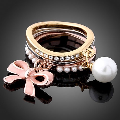 Zinc Alloy Ring Set, with Glass Pearl, plated, different size for choice & enamel & with rhinestone, 25x6mm, 3PCs/Set, Sold By Set