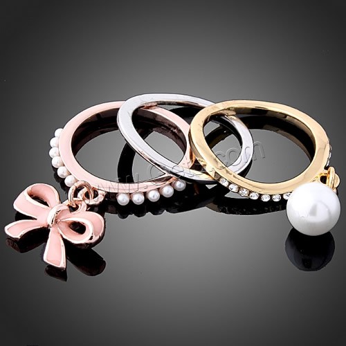 Zinc Alloy Ring Set, with Glass Pearl, plated, different size for choice & enamel & with rhinestone, 25x6mm, 3PCs/Set, Sold By Set