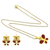 Enamel Stainless Steel Jewelry Sets, earring & necklace, Butterfly, gold color plated, oval chain, red   Approx 18 Inch 