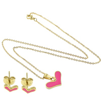 Enamel Stainless Steel Jewelry Sets, earring & necklace, Heart, gold color plated, oval chain, bright rosy red   Approx 18 Inch 