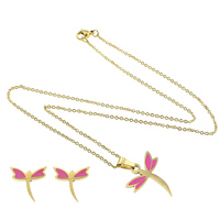 Enamel Stainless Steel Jewelry Sets, earring & necklace, Dragonfly, gold color plated, oval chain, bright rosy red   Approx 18 Inch 