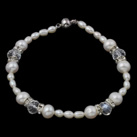Bracelets en perles de cristal, perle d'eau douce cultivée, avec entretoise laiton strass & cristal, laiton fermoir, naturel, styles différents pour le choix & facettes & avec strass, blanc, 3-4mm, 7-8mm Environ 7 pouce, Vendu par brin