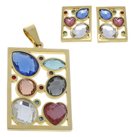 Rhinestone stainless steel Jewelry Set, pendant & earring, with Glass, Rectangle, gold color plated, faceted & with rhinestone  Approx 