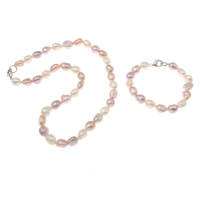 Natural Freshwater Pearl Jewelry Sets, bracelet & necklace, brass clasp, Baroque multi-colored, 9-10mm Approx 7.5 Inch, Approx 17 Inch 