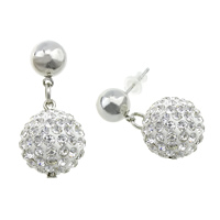 Stainless Steel Drop Earring, with rubber earnut & Rhinestone Clay Pave, Round, white, 30mm, 14mm 