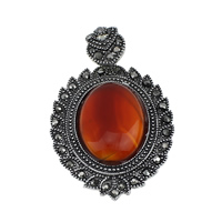 Agate Brass Pendants, with Red Agate, Oval, silver color plated, blacken Approx 