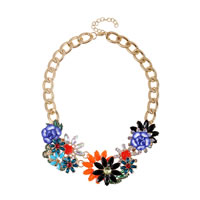 Fashion Statement Necklace, Acrylic, with iron chain & Zinc Alloy, with 7cm extender chain, Flower, gold color plated, curb chain & faceted & with rhinestone, 47mm Approx 18 Inch 