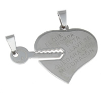 Stainless Steel Couple Pendant, heart and key, with letter pattern & for couple, original color  Approx 