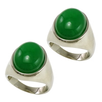 Gemstone Stainless Steel Finger Ring, with Jade Malaysia, natural green, 19mm 
