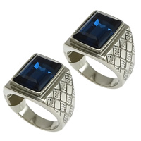 Stainless Steel Finger Ring, with Glass & faceted, blue, 17mm 