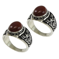 Gemstone Stainless Steel Finger Ring, with Jade Malaysia, natural & blacken, red, 15mm 