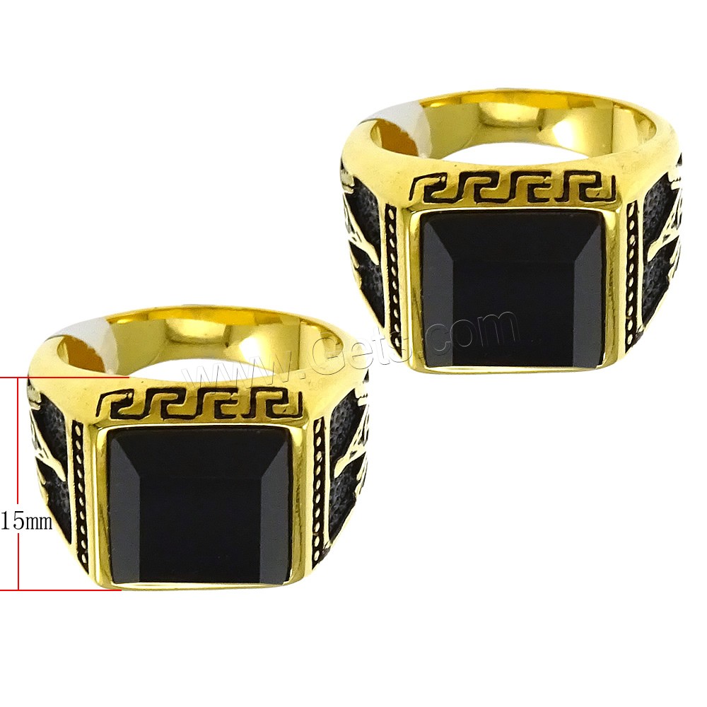 Stainless Steel Finger Ring, with Glass, gold color plated, different size for choice & faceted & blacken, black, 15mm, Sold By PC