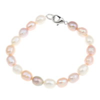 Cultured Freshwater Pearl Bracelets, brass clasp, Rice, natural multi-colored, 8-9mm Approx 7.5 Inch 