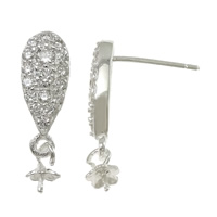 Sterling Silver Earring Drop Component, 925 Sterling Silver, Teardrop, plated, with cubic zirconia 0.8mm,0.6mm 