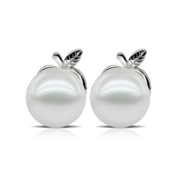 Boucles d'oreilles d'eau douce de Perle , perle d'eau douce cultivée, avec laiton, pomme, naturel, blanc, 9-10mm, Vendu par paire