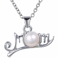 Zinc Alloy Necklace, with ABS Plastic Pearl & iron chain, with 5cm extender chain, Letter, word mom, platinum color plated, Mother Day Jewelry & oval chain, white, nickel, lead & cadmium free Approx 19.5 Inch 