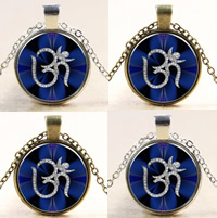 Time Gem Jewelry Necklace, Zinc Alloy, with iron chain & Glass, with 5cm extender chain, Flat Round, plated, with om symbol & oval chain nickel, lead & cadmium free, 27mm Approx 17.5 Inch 