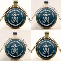 Time Gem Jewelry Necklace, Zinc Alloy, with iron chain & Glass, with 5cm extender chain, Flat Round, plated, with om symbol & oval chain nickel, lead & cadmium free, 27mm Approx 17.5 Inch 