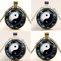Time Gem Jewelry Necklace, Zinc Alloy, with iron chain & Glass, with 5cm extender chain, Flat Round, plated, ying yang & oval chain nickel, lead & cadmium free, 27mm Approx 17.5 Inch 