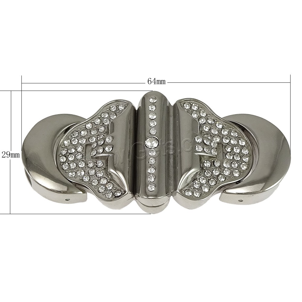 Rectangle Stainless Steel Magnetic Clasp, plated, with rhinestone, more colors for choice, 64x29x11mm, Hole:Approx 14x6mm, Sold By PC