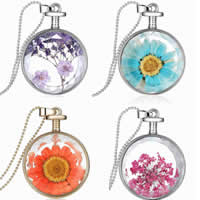 Floating Charm Necklace, Zinc Alloy, with Dried Flower & iron chain, Flat Round, plated & faceted, nickel, lead & cadmium free Approx 23.5 Inch 