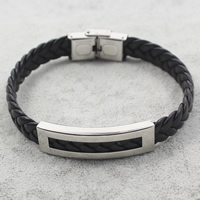 Men Bracelet, Stainless Steel, with PU Leather, braided, black Approx 8 Inch 