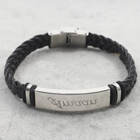 Men Bracelet, Stainless Steel, with PU Leather & Silicone, braided & with letter pattern, black Approx 8 Inch 