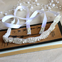 Nuptiale bande de cheveux, ruban de satin, avec perles de rocaille en verre, pour mariée & avec strass, blanc, 18mm Environ 11.5 pouce, Vendu par PC