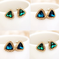Glass Zinc Alloy Earring, with plastic earnut & Glass, stainless steel post pin, Triangle, gold color plated, faceted nickel, lead & cadmium free, 16mm 