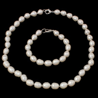 Conjuntos de joyería perlas de agua dulce natural, Perlas cultivadas de agua dulce, pulsera & collar, latón cierre, Barroco, diferentes estilos para la opción, Blanco, 9-10mm, longitud:aproximado 7.5 Inch, aproximado  17 Inch, Vendido por Set