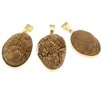 Natural Quartz Druzy Pendants, with brass bail, Oval, gold color plated, yellow - Approx 