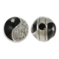 Cubic Zirconia Micro Pave Brass Beads, Flat Round, platinum plated, ying yang & micro pave cubic zirconia & enamel Approx 3mm 
