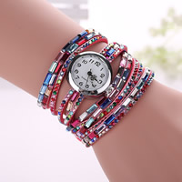 Wrap Watch, Zinc Alloy, with PU Leather & Glass, Chinese movement, Flat Round, platinum color plated, for woman & with acrylic rhinestone & , multi-colored, nickel, lead & cadmium free, 20-25mm Approx 19 Inch 