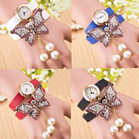 Wrap Watch, Zinc Alloy, with ABS Plastic Pearl & PU Leather & Glass, Chinese movement, Butterfly, gold color plated, adjustable & for woman & with rhinestone nickel, lead & cadmium free, 25mm Approx 14 Inch 