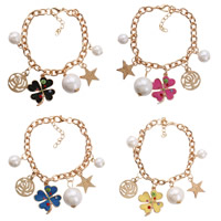 Enamel Zinc Alloy Bracelets, with ABS Plastic Pearl, with 5cm extender chain, Four Leaf Clover, gold color plated, charm bracelet & oval chain & colorful powder 180mm Approx 7 Inch 