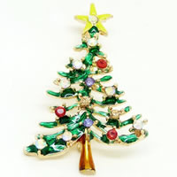 Christmas Jewelry Brooch , Zinc Alloy, Christmas Tree, gold color plated, enamel & with rhinestone, nickel, lead & cadmium free 