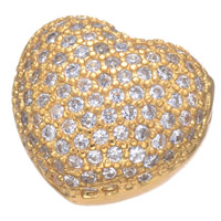 Cubic Zirconia Micro Pave Brass Beads, Heart, real gold plated, micro pave cubic zirconia & hollow Approx 1.7mm 