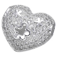 Cubic Zirconia Micro Pave Brass Beads, Heart, platinum plated, micro pave cubic zirconia & hollow Approx 1.3mm 