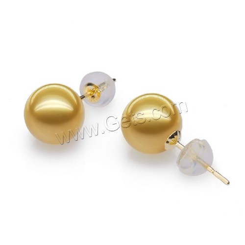 Golden South Sea Pearl Stud Earring, with plastic earnut, 18K gold post pin, Round, natural, different size for choice, Sold By Pair