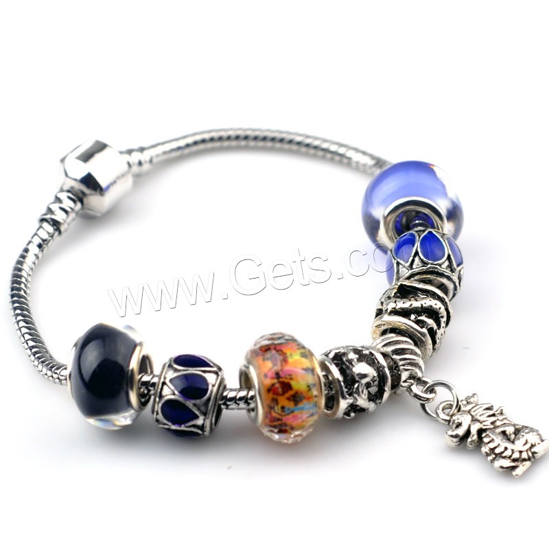 Zinc Alloy European Bracelets, with brass chain & Lampwork, Dragon, antique silver color plated, different length for choice & enamel & faceted, nickel, lead & cadmium free, 180-200mm, Sold By Strand