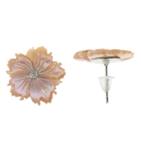 Nácar Rosada Arito, con Earnut goma, latón aguja de pendiente, Flor, chapado en color de platina, natural & con diamantes de imitación, 15x2mm, Vendido por Par