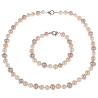 Natural Freshwater Pearl Jewelry Sets, bracelet & necklace, brass clasp, Potato multi-colored, 8-9mm Approx 17 Inch, Approx  7.5 Inch 
