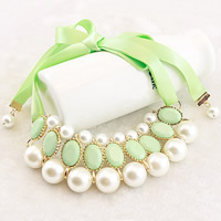 Fashion Statement Necklace, Zinc Alloy, with ABS Plastic Pearl & Satin Ribbon & Acrylic, faceted, green, nickel, lead & cadmium free, 40mm Approx 35.5 Inch 