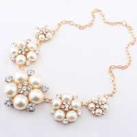 Plastic Pearl Necklace, Zinc Alloy, with ABS Plastic Pearl & iron chain, with 5cm extender chain, Flower, gold color plated, oval chain & with rhinestone, white, nickel, lead & cadmium free, 42mm Approx 17.5 Inch 