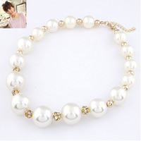 ABS Plastic Pearl Necklace, with Zinc Alloy, with 5cm extender chain, Round, gold color plated, with rhinestone, white, 22mm Approx 15.5 Inch 
