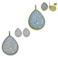 Fashion Stainless Steel Jewelry Sets, pendant & earring, with Resin, Teardrop, plated, colorful plated Approx 5mm 